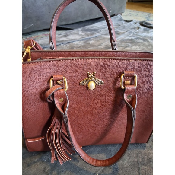 The Unbranded Brand Handbags - Brown Structured Satchel Bee Accent Tassel Gold Hardware Top Handle Shoulder Bag